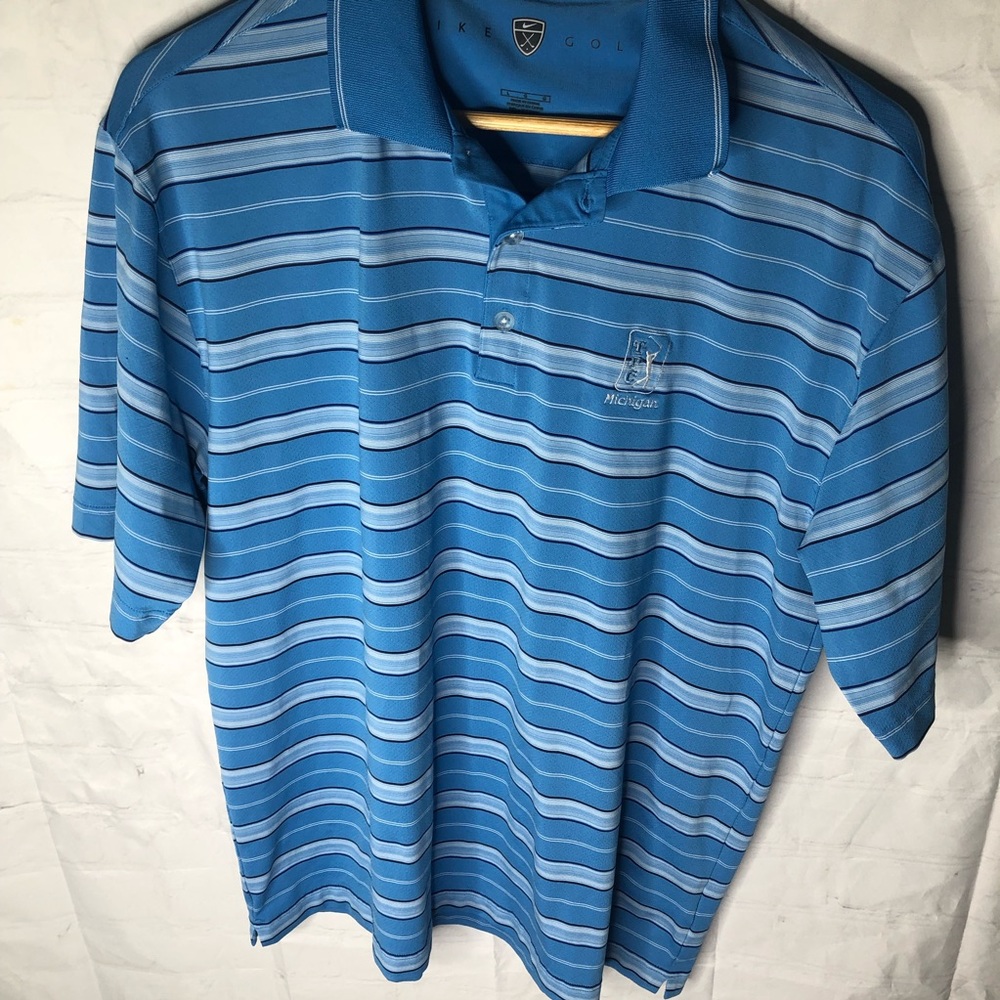 Nike Golf Polo Short Sleeve Shirt Mens Size Large Fit Dry Blue Striped TPC Logo